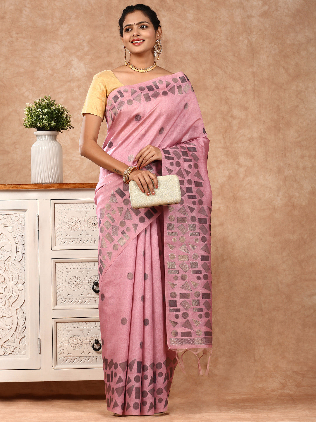 Womens Semi Tussar Weaving Saree Pink ST150