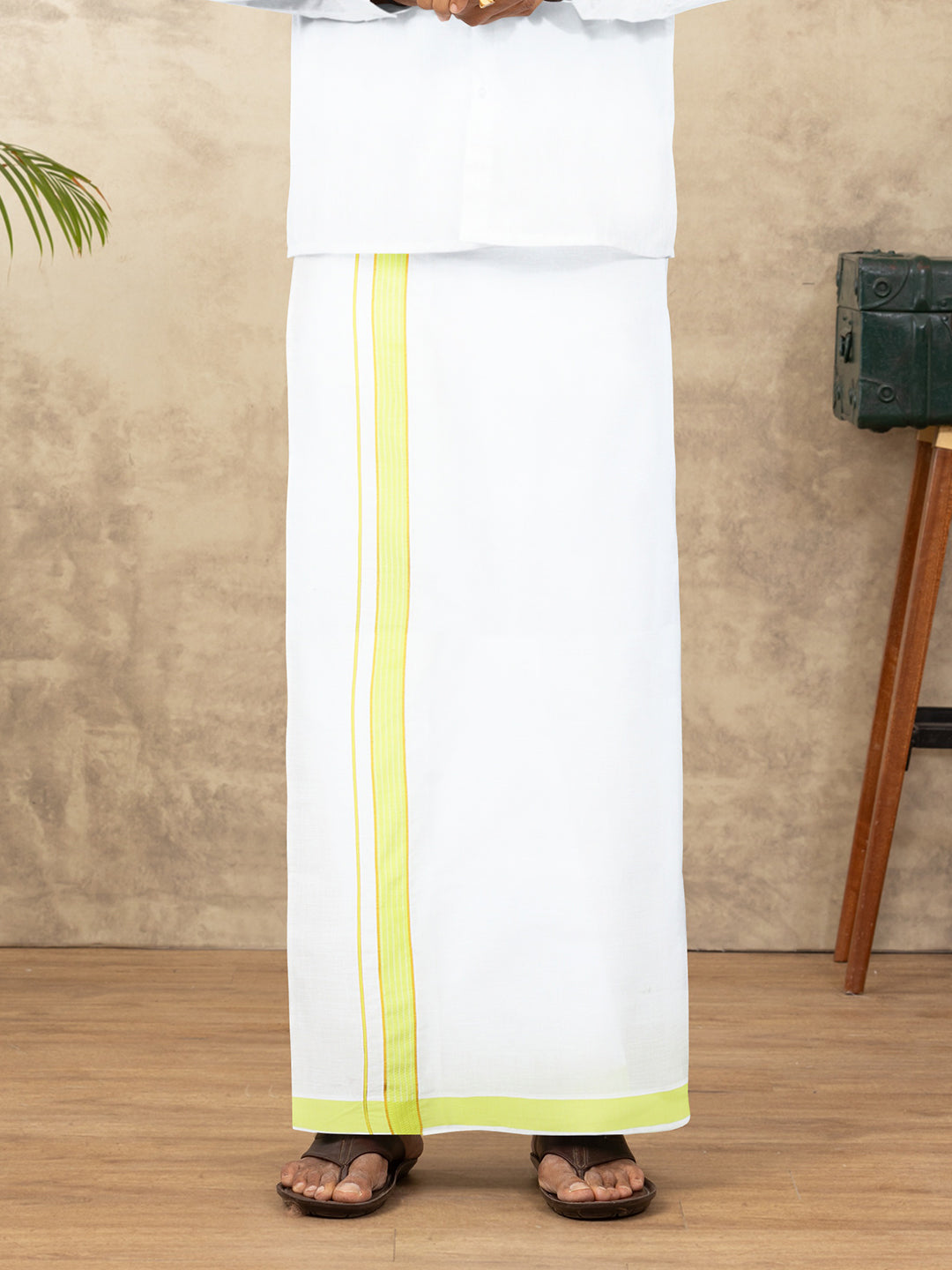 Men Cotton Blend Readymade Single Layer White Dhoti with Fancy Jari Border GACJ39