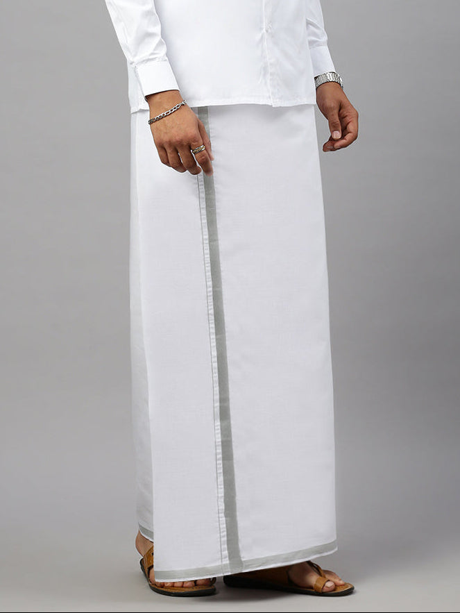 Men 100% Cotton Single Layer White Dhoti with Silver Jari Border Shringar
