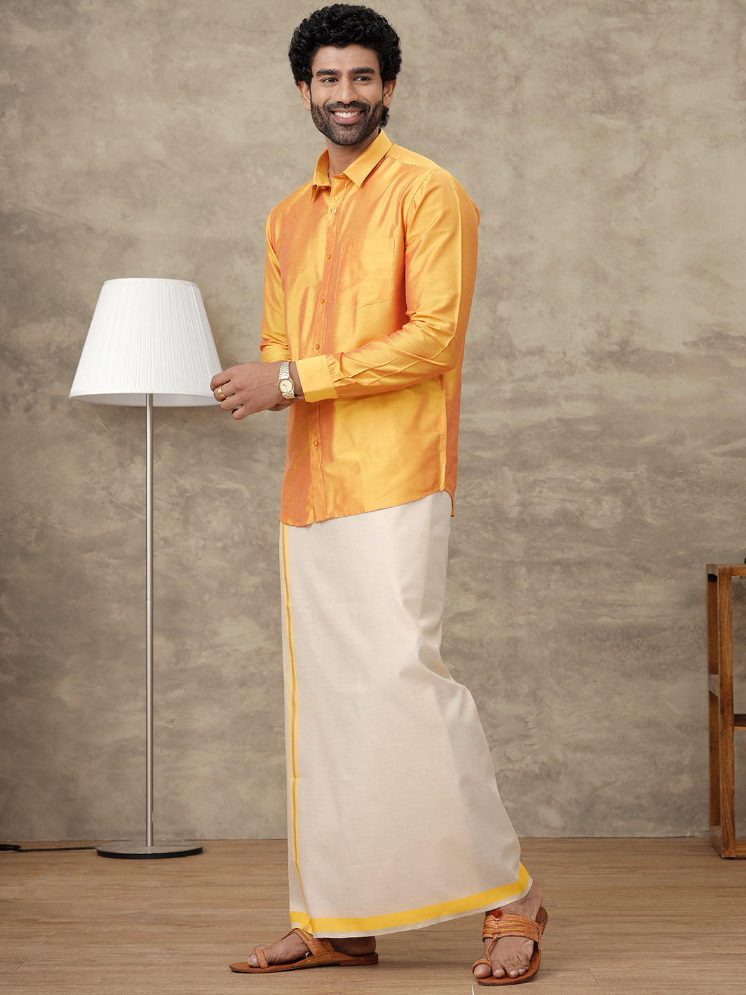 Men Luxor Gold Silk Cotton Shirt With Matching Border Tissue Dhoti Set CCB Fortune