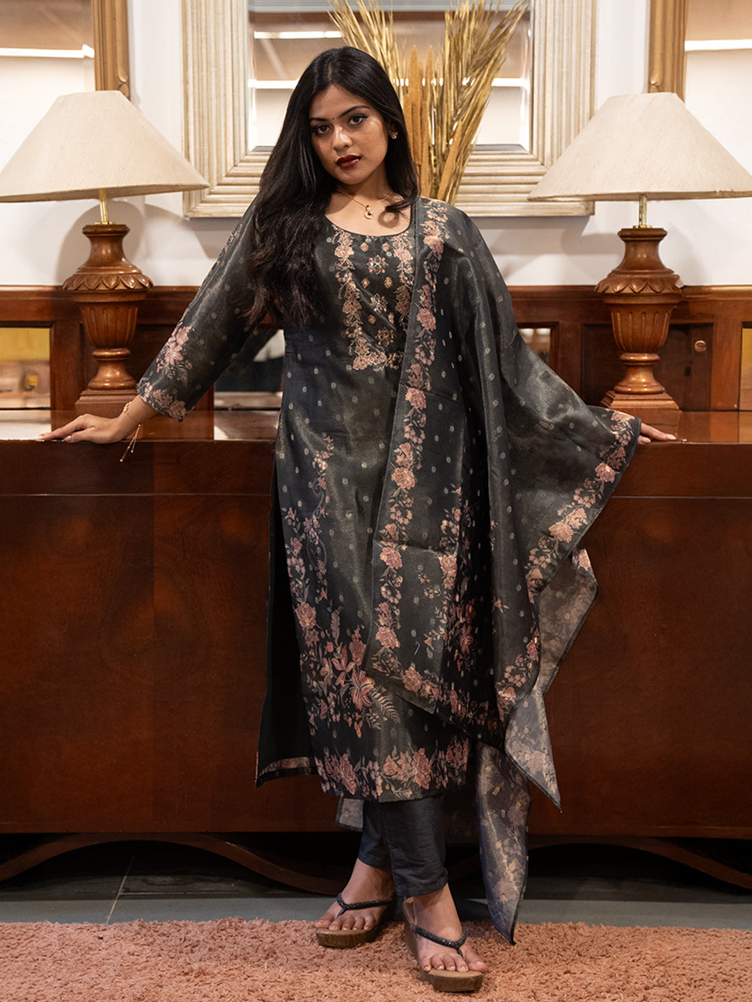 Women Dark Green MM Silk Printed Kurti Set EKS117