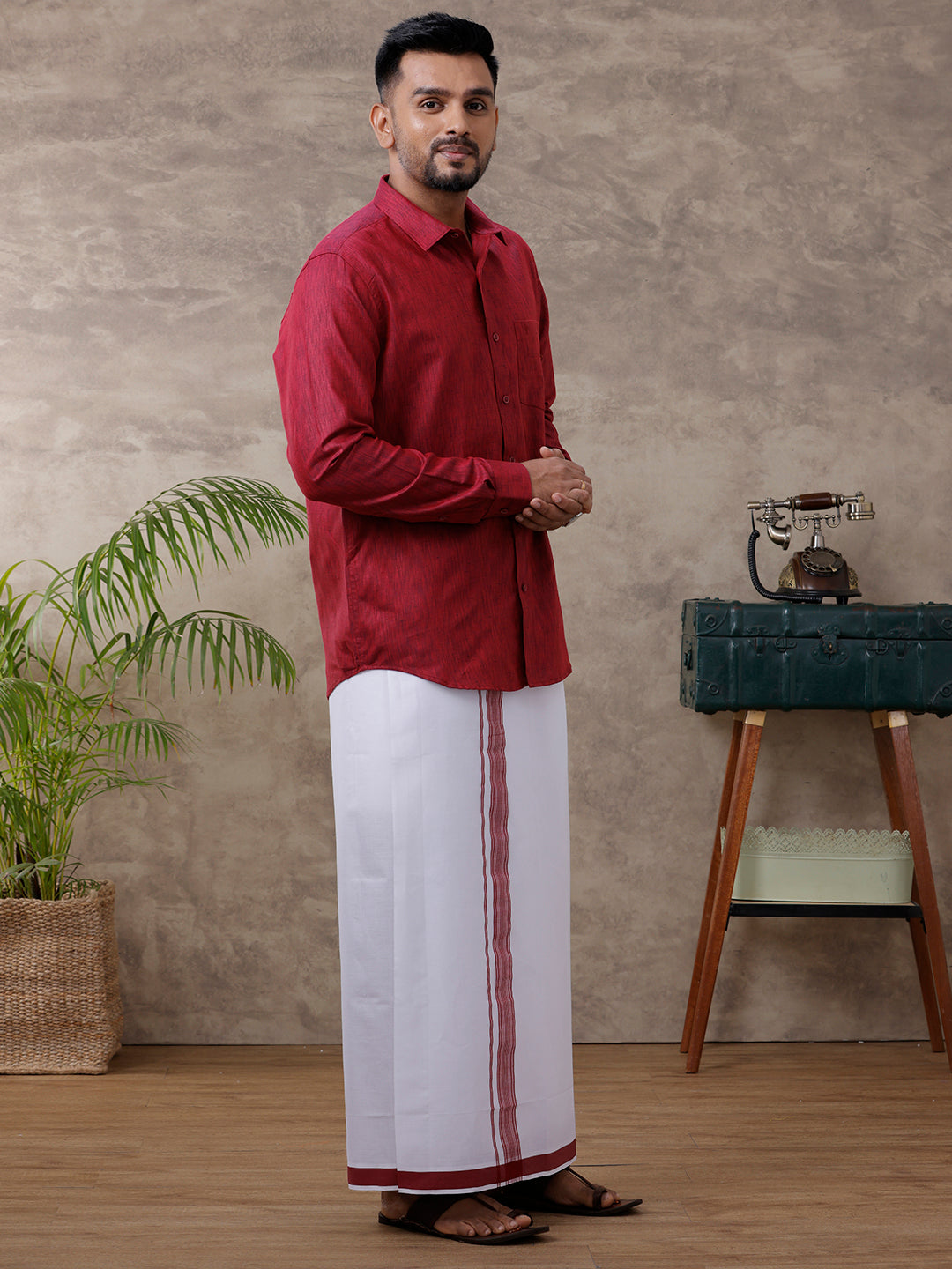 Men Matching Border Dhoti & Full Sleeves Shirt Set Maroon C81