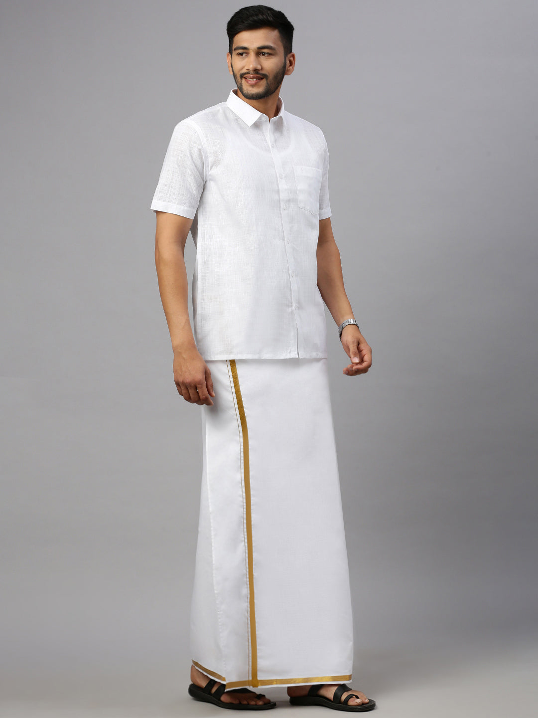Mens Double Dhoti & Towel Set White 1/4" Kalasadan