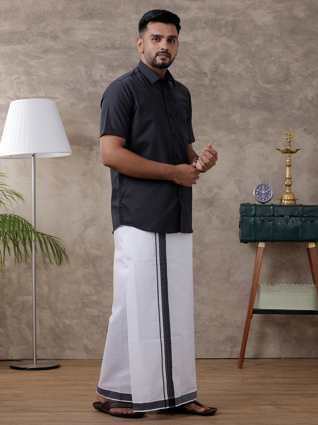 Mens Black Matching Border Dhoti & Half Sleeves Shirt Set Evolution IC10