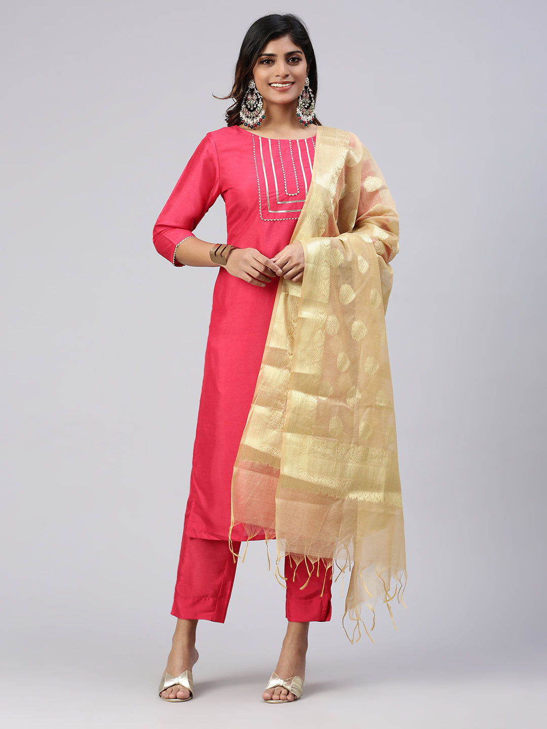 Women Cotton Embroidered Kurti Sets Pink EKS28