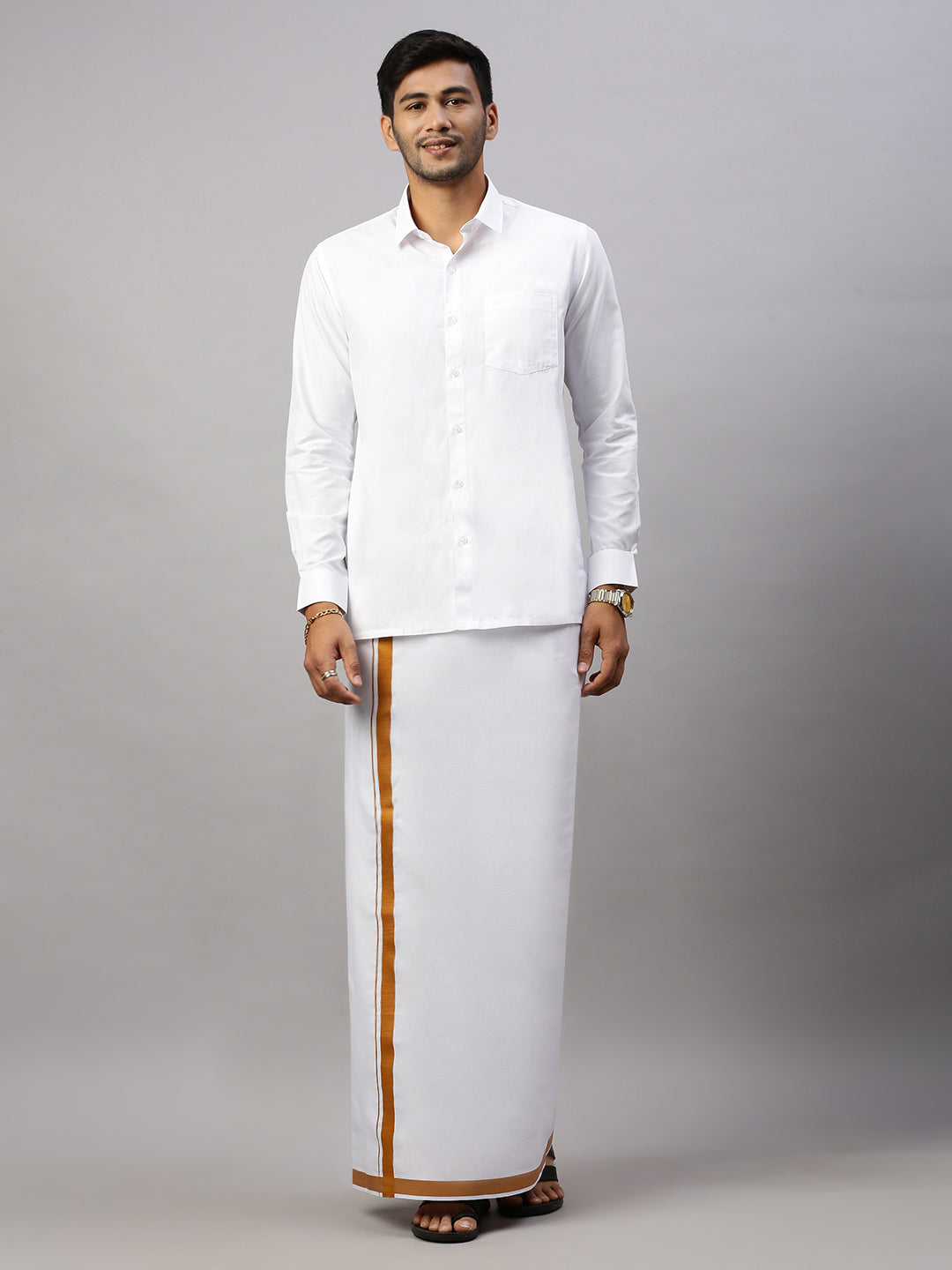 Mens White Shirt with Single Dhoti Gold Combo WS13