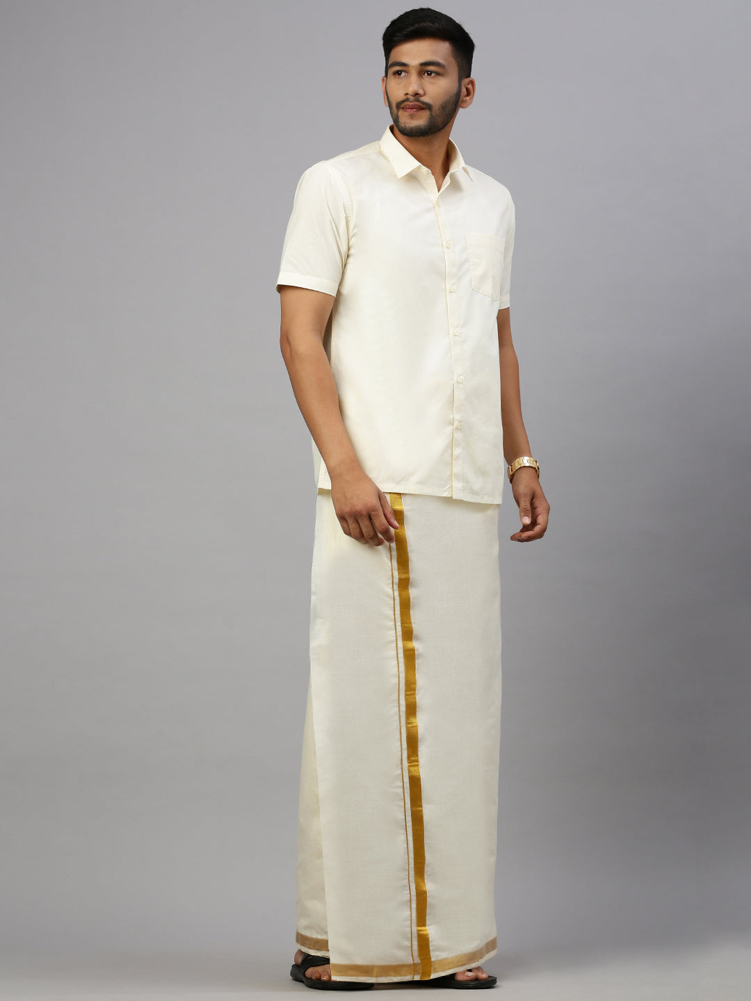 Men Cream Double Dhoti with 1" Gold Jari Border Golden Mark