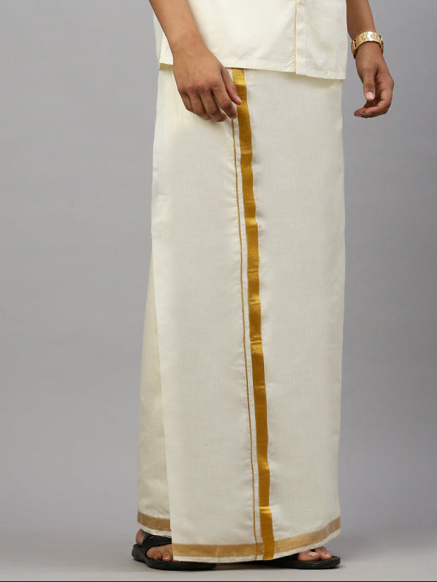 Men Cotton Blend Double Layer Cream Dhoti with 1" Gold Jari Border Golden Mark