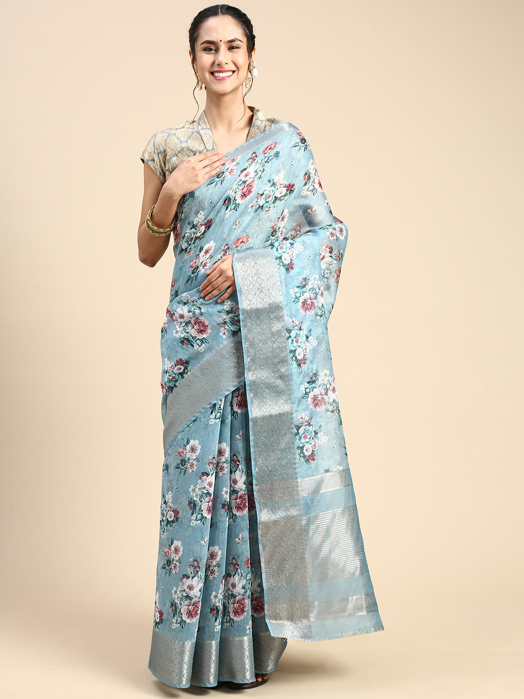 Digital Floral Printed Blue Colour Semi Linen Saree SL81