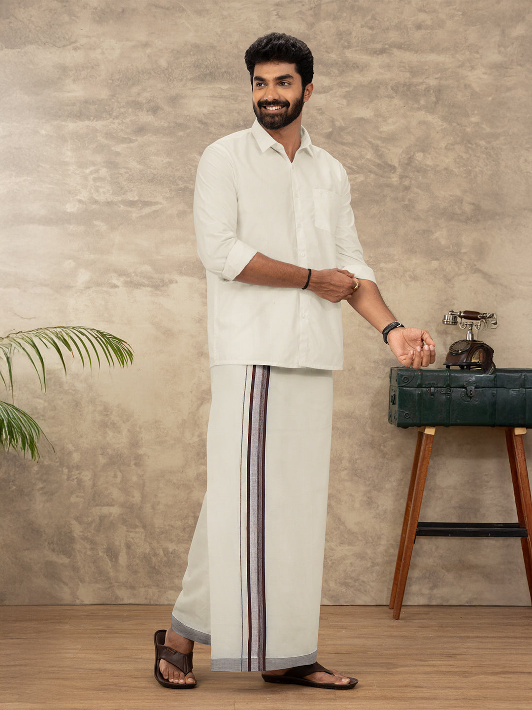 Men Kora Cotton Double Layer Dhoti with Fancy Border EF02