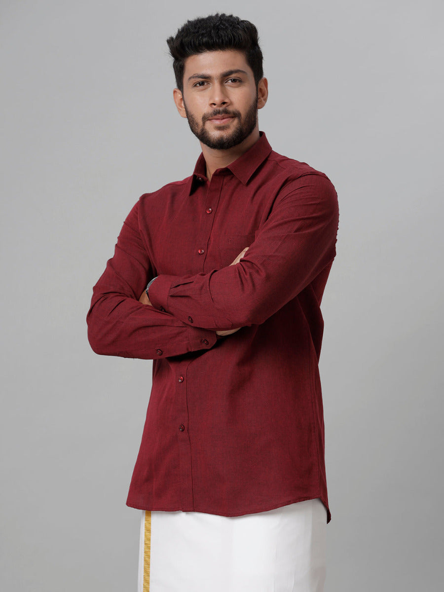 Mens Linen Cotton Formal Maroon Full Sleeves Shirt LF14-Front view