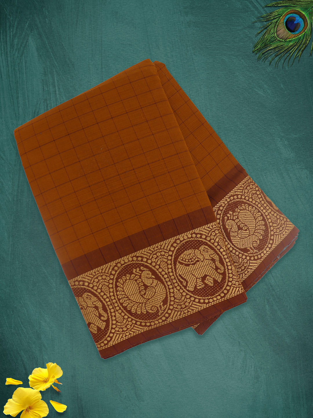 Women Burnt Orange Checks Pure Chettinad Cotton Saree PCS221