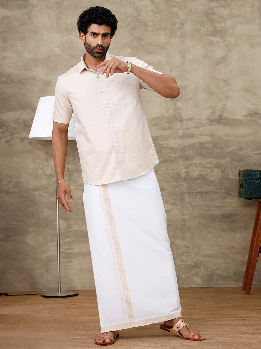 Men Pale Grey Shirt With Matching Border Dhoti Set Evolution