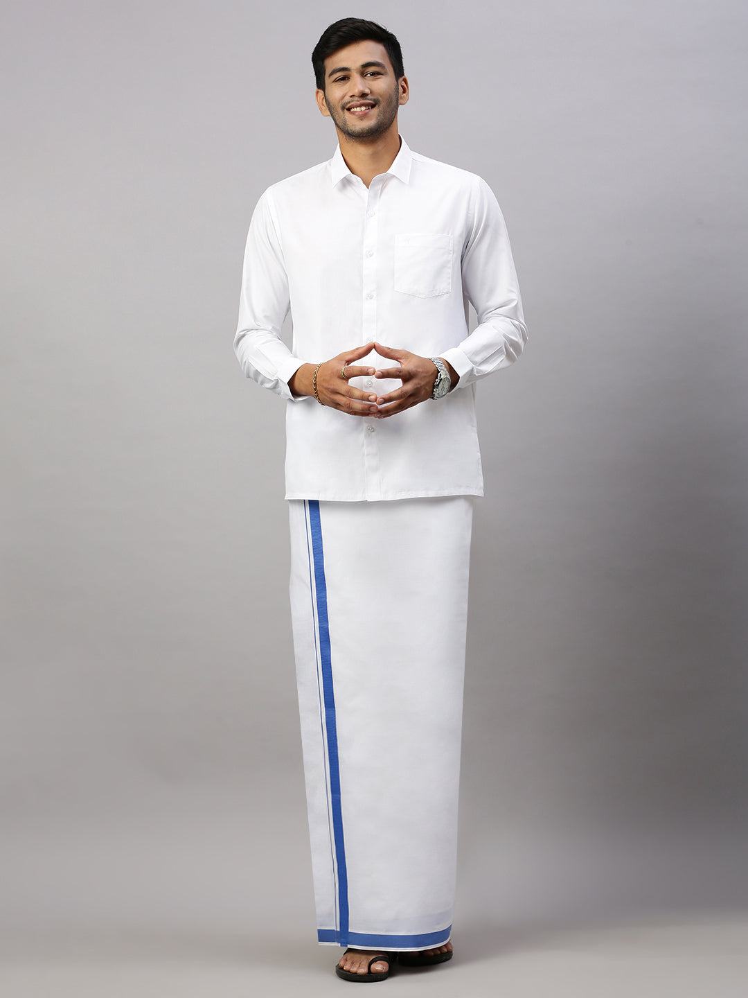 Mens Elegant Look Cotton Single Dhoti with Blue Fancy Border
