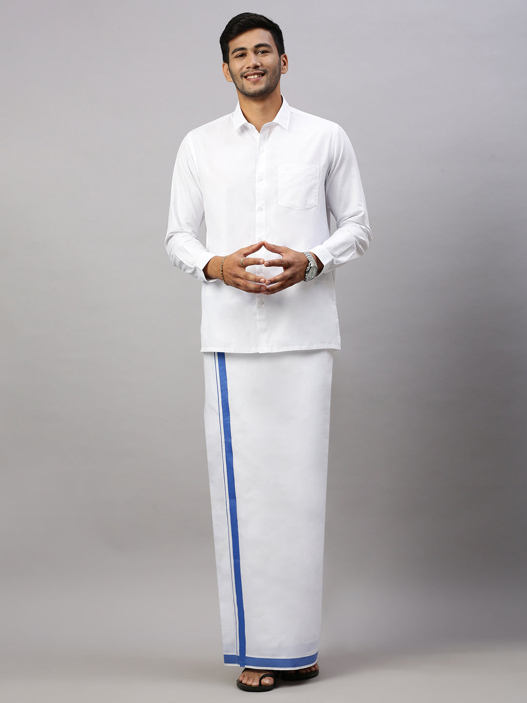 Mens White Shirt with Blue Border Single Layer Dhoti Combo WS18