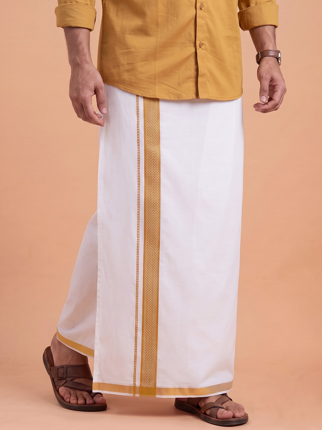 Single Layer 100% Cotton White Dhoti With 1 1/2 Inch Jacquard Gold Jari Border - GG05