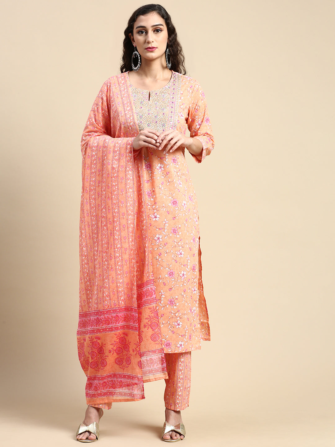 Womens Orange with Pink Printed & Embroidered Kurti Set PKS07-Front view