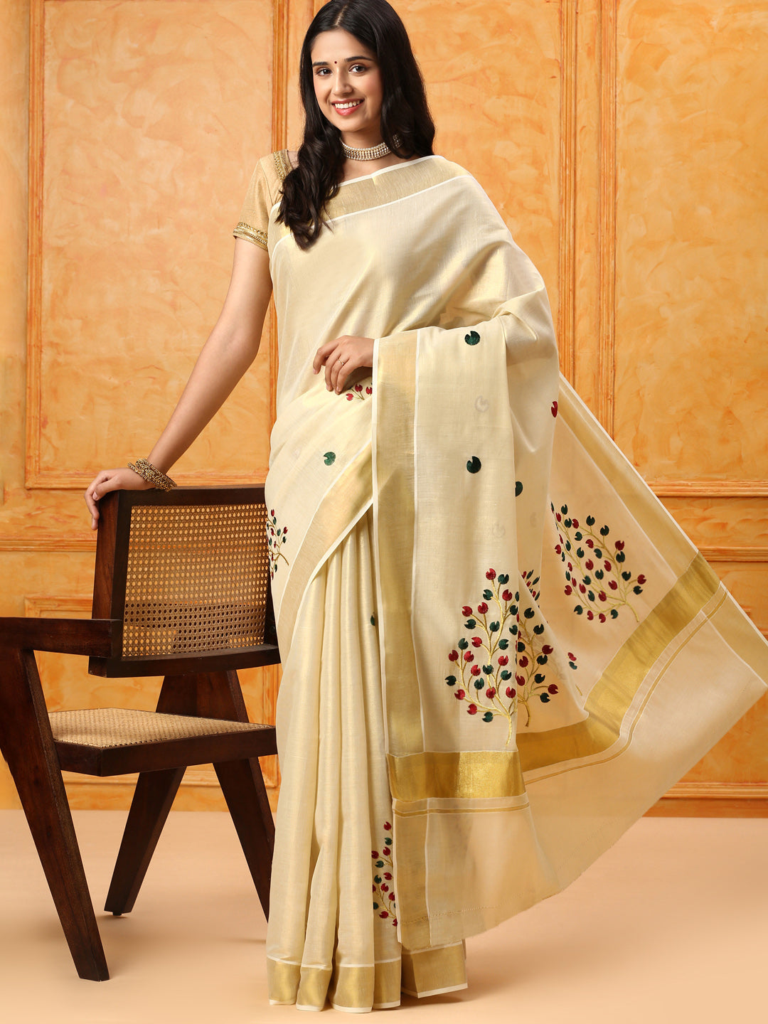 Kerala Cream Gold Jari Embroidery Saree KS108