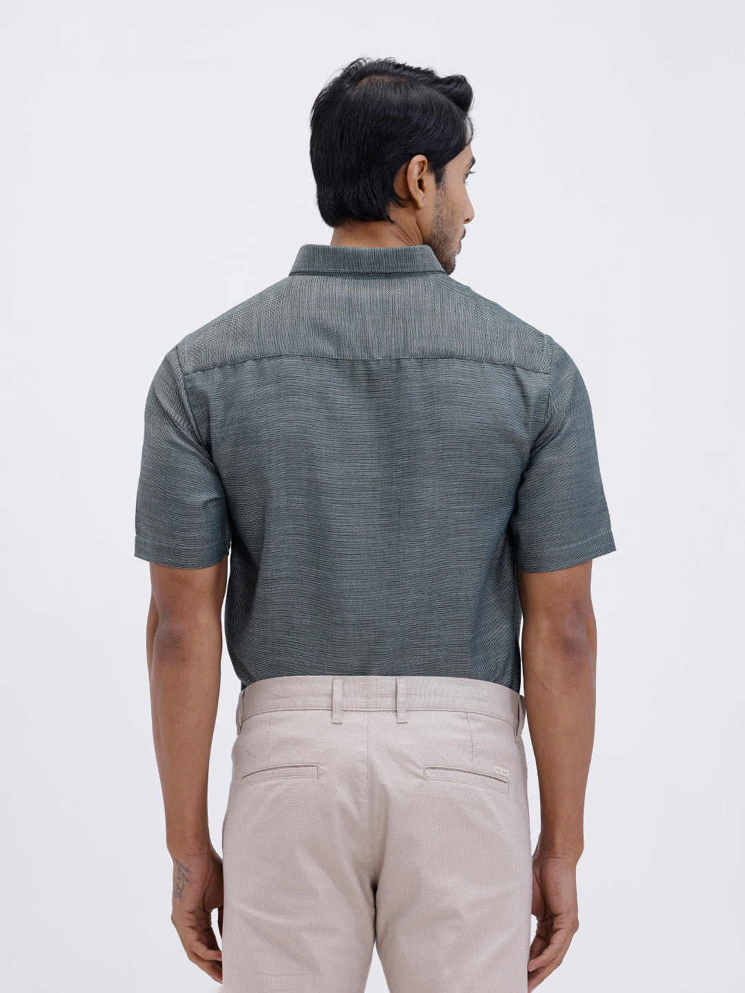 Men Cotton Rich Half Sleeve Shirt Green Dobby T59 AIT3