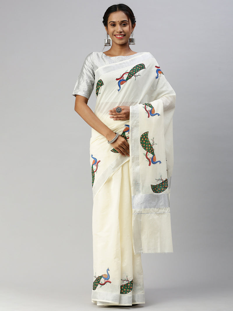 Womens Kerala Off White Peacock Design Printed Silver Jari Saree OKS05