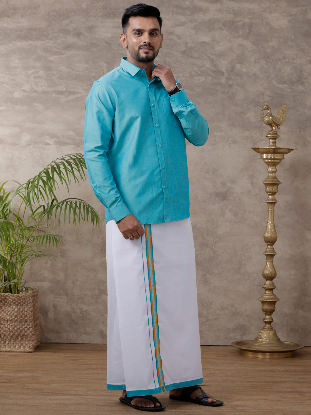 Mens Matching Jari Border Dhoti & Shirt Set Full Sleeve Blue VB8