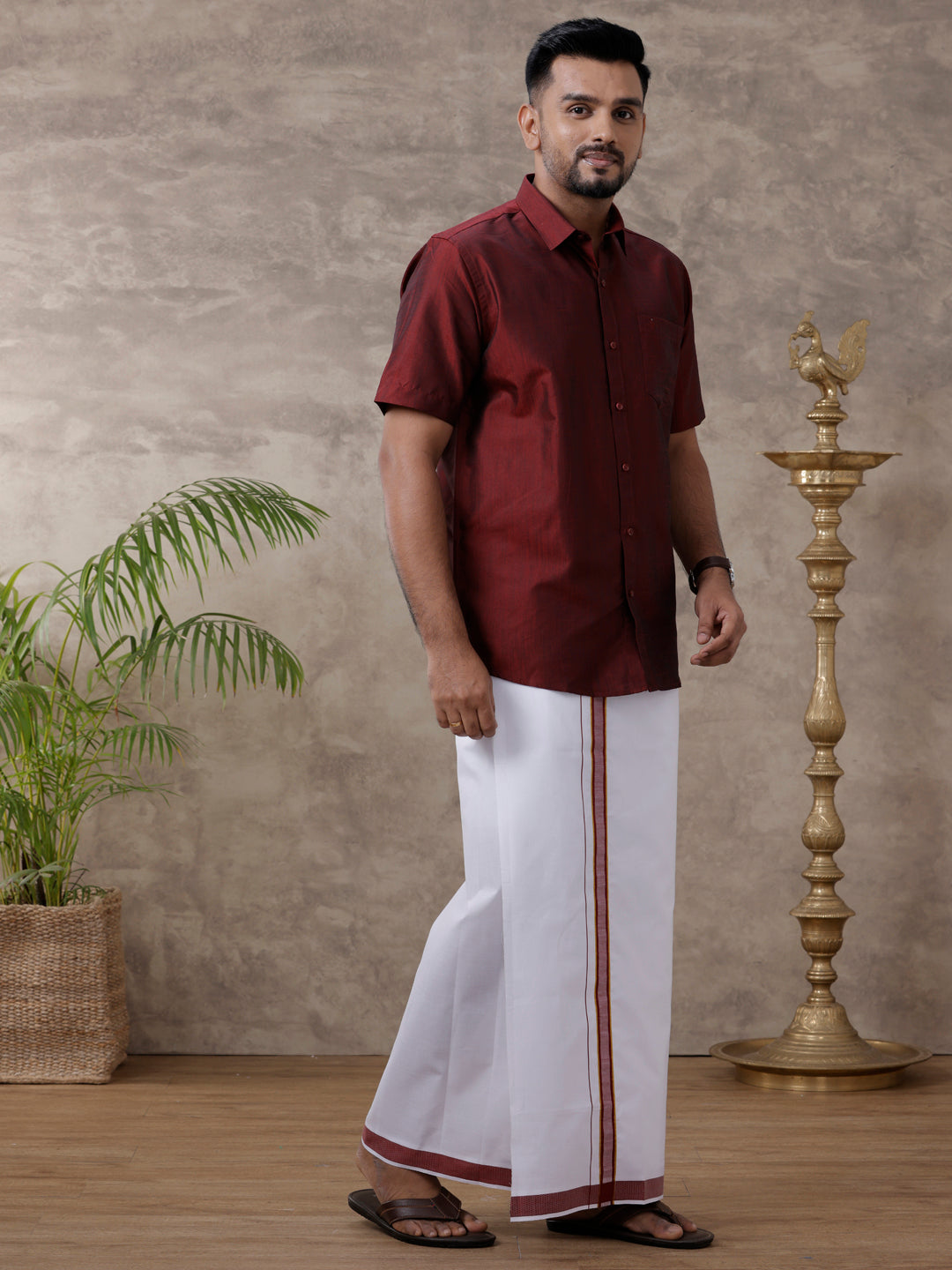 Men Matching Jari Border Dhoti & Half Sleeves Shirt Set Maroon VB7