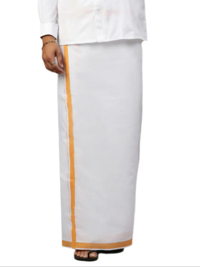 Men Cotton Blend Single Layer White Dhoti with Big Border WS14