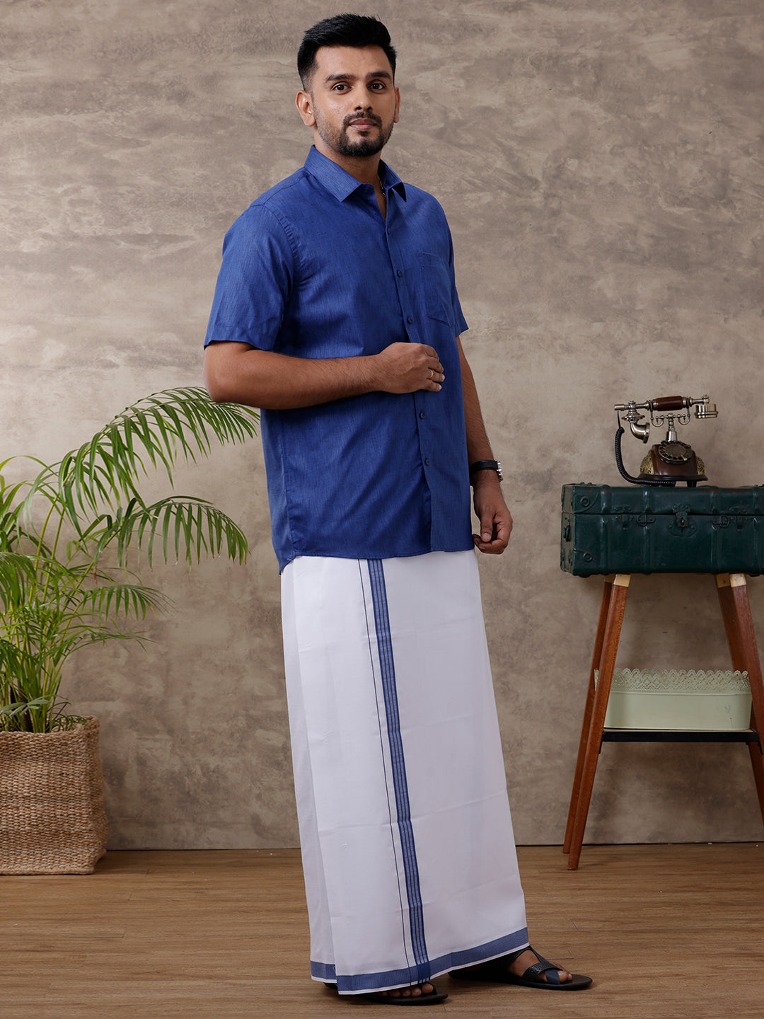 Men Matching Border Dhoti & Shirt Set Half Blue C80