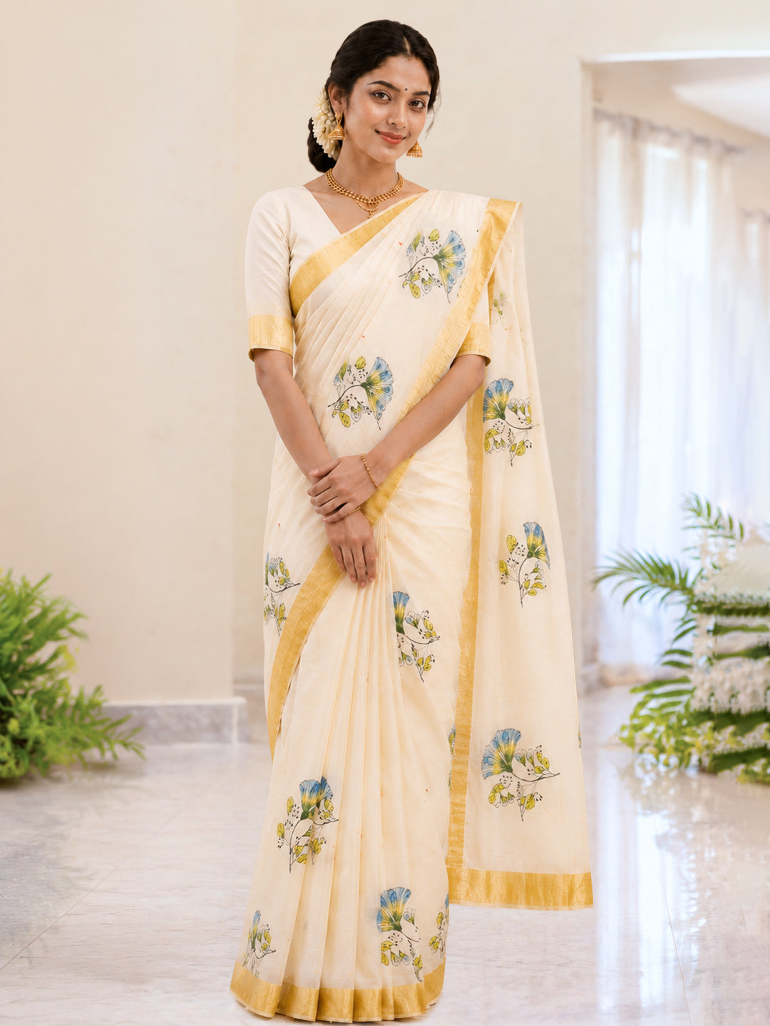 Women Kerala Printed Cream Saree KLS05