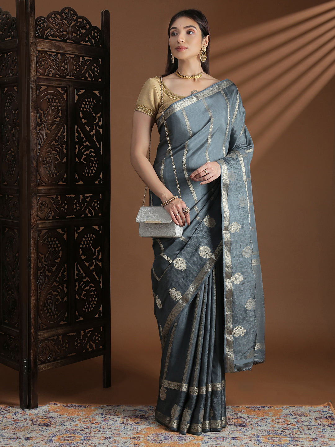 Women Semi Mysore Silk Saree Grey SS406