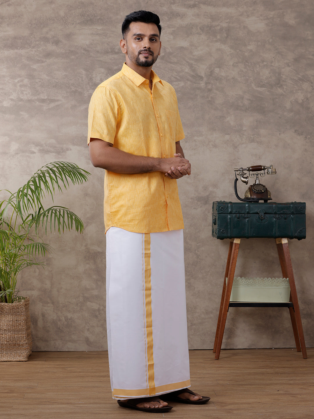 Men Matching Border Dhoti & Shirt Set Half Gold C3