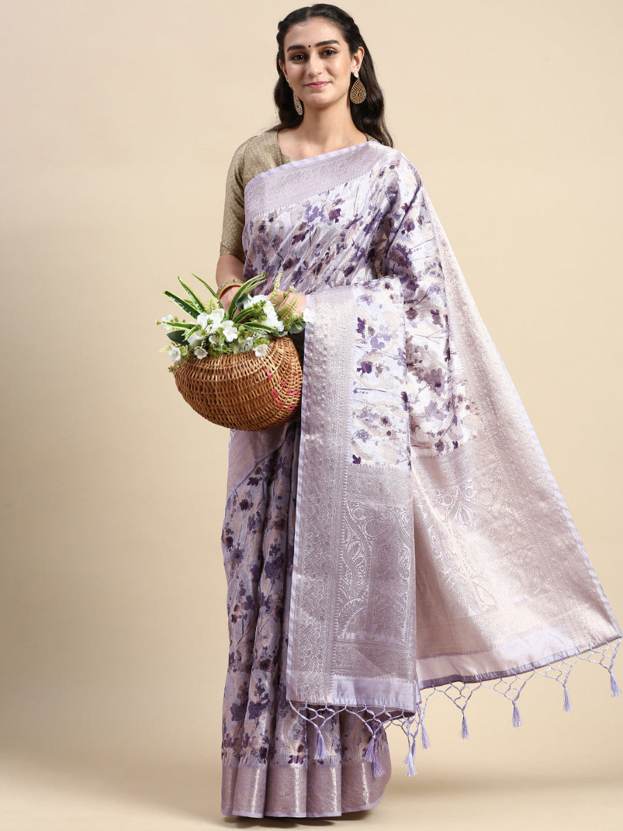 Womens Dola Silk Purple Flower Digital Print with Jari Border Sarees DS04