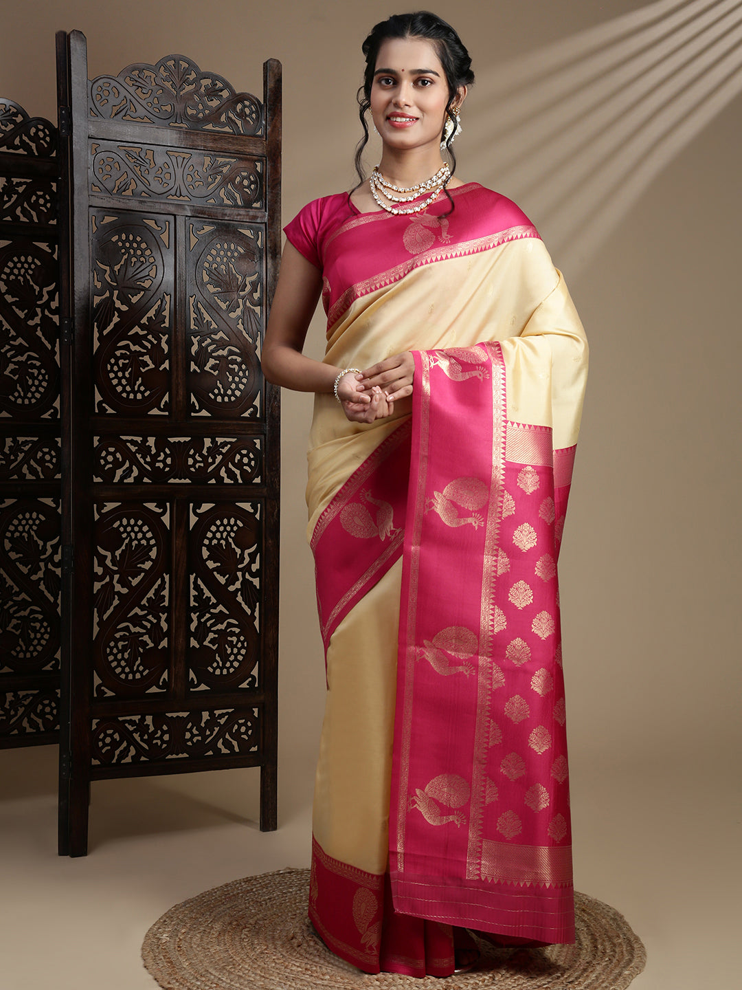 Women Sandal with Pink Border Soft Silk Saree SS390