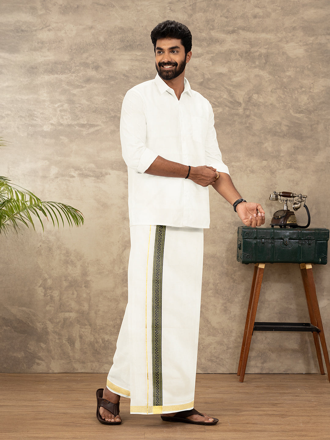 Men Kora Cotton Double Layer Dhoti with Double Side Fancy Jari Border PR20