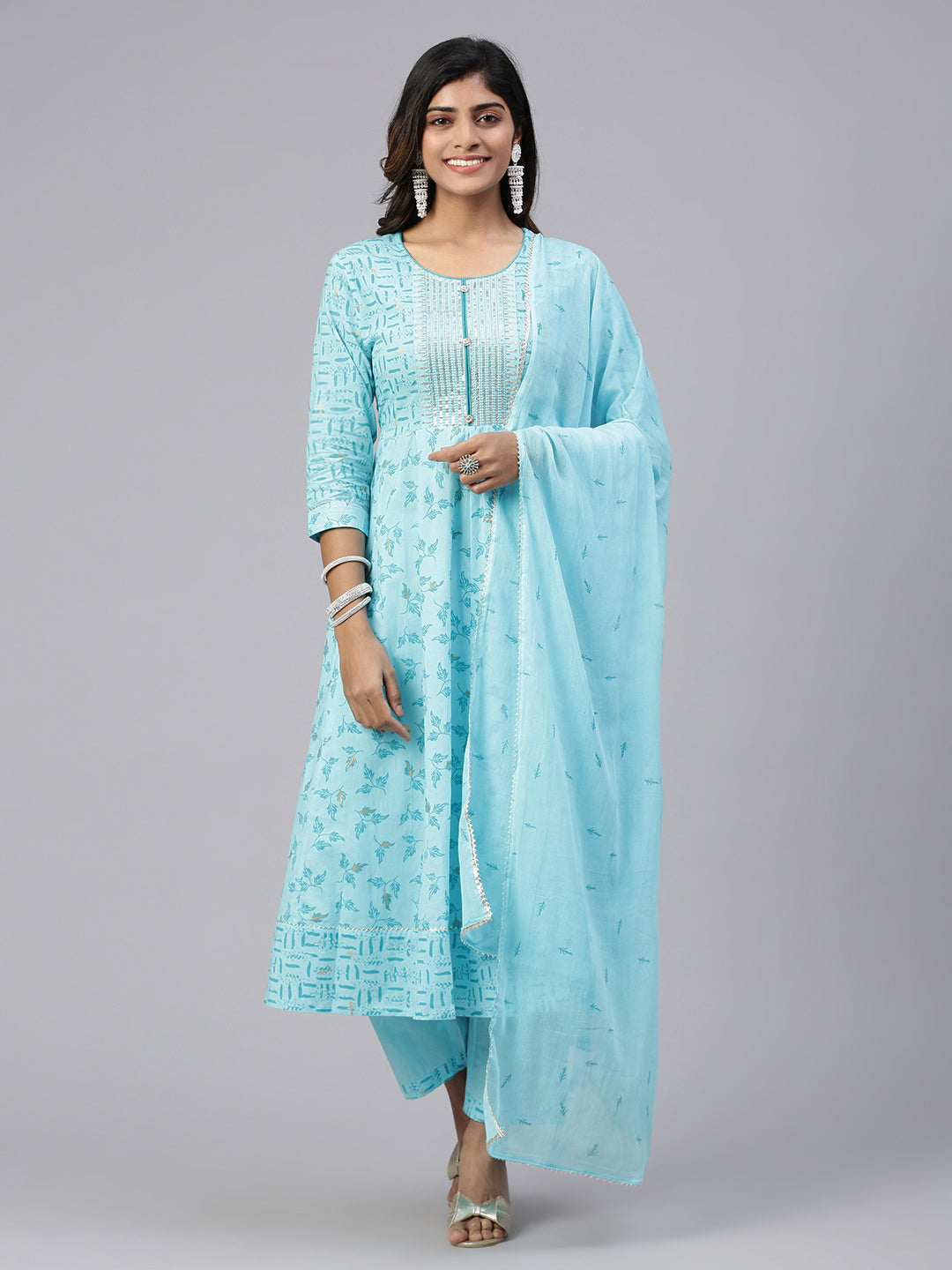 Women Embroidered & Printed Kurti Sets SkyBlue EKS22