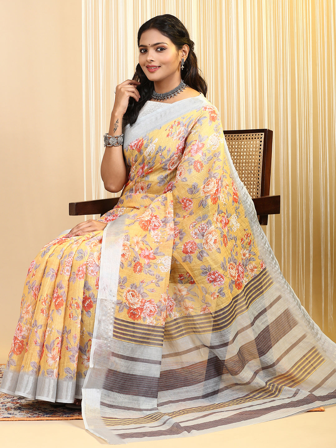 Women Semi Linen Saree Yellow SL163