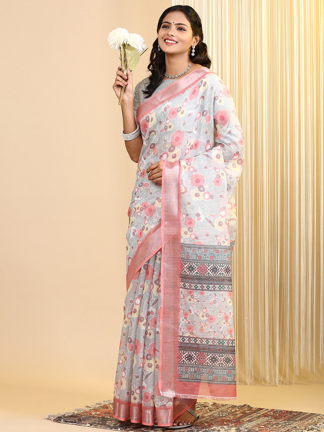 Women Semi Linen Saree Grey SL162