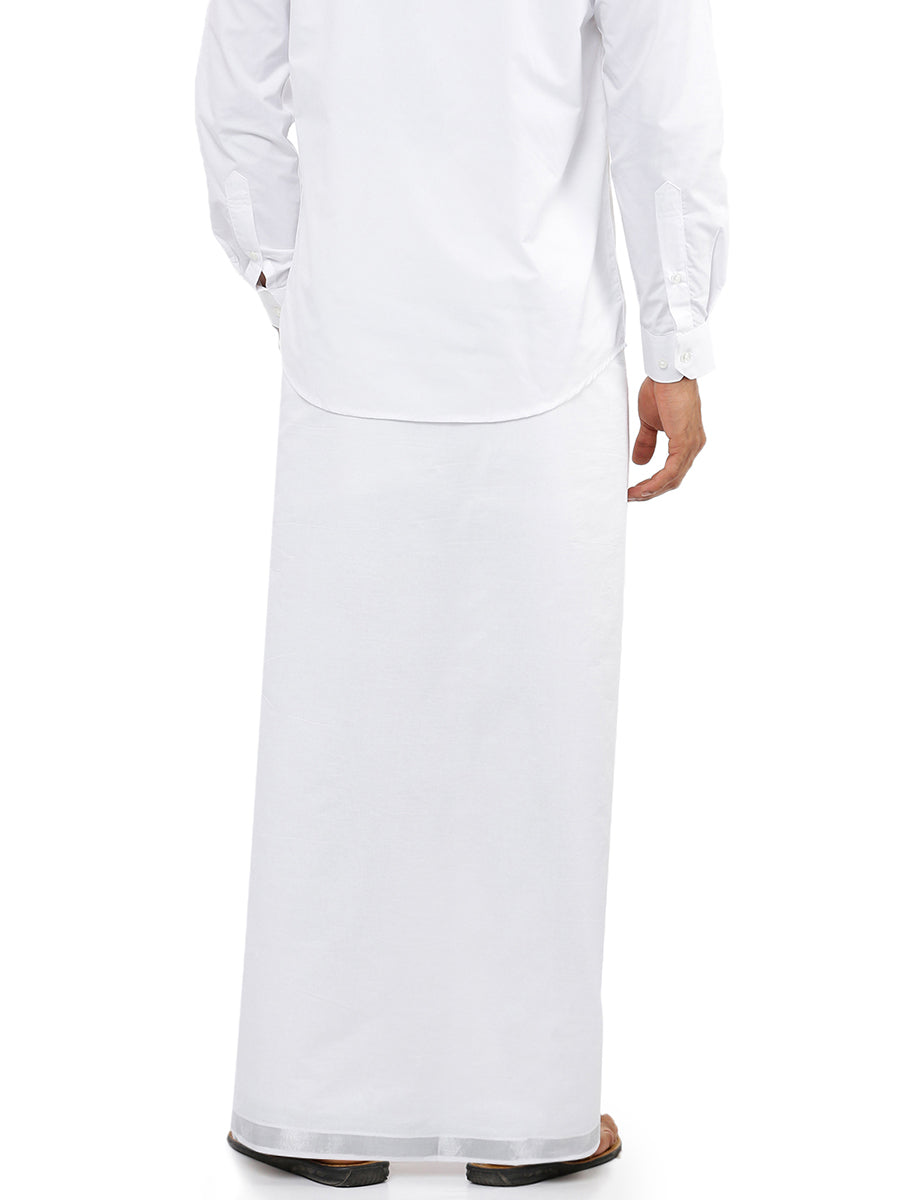 Mens White Double Dhoti with 1 " Silver Jari Border Silver Heart-Back view