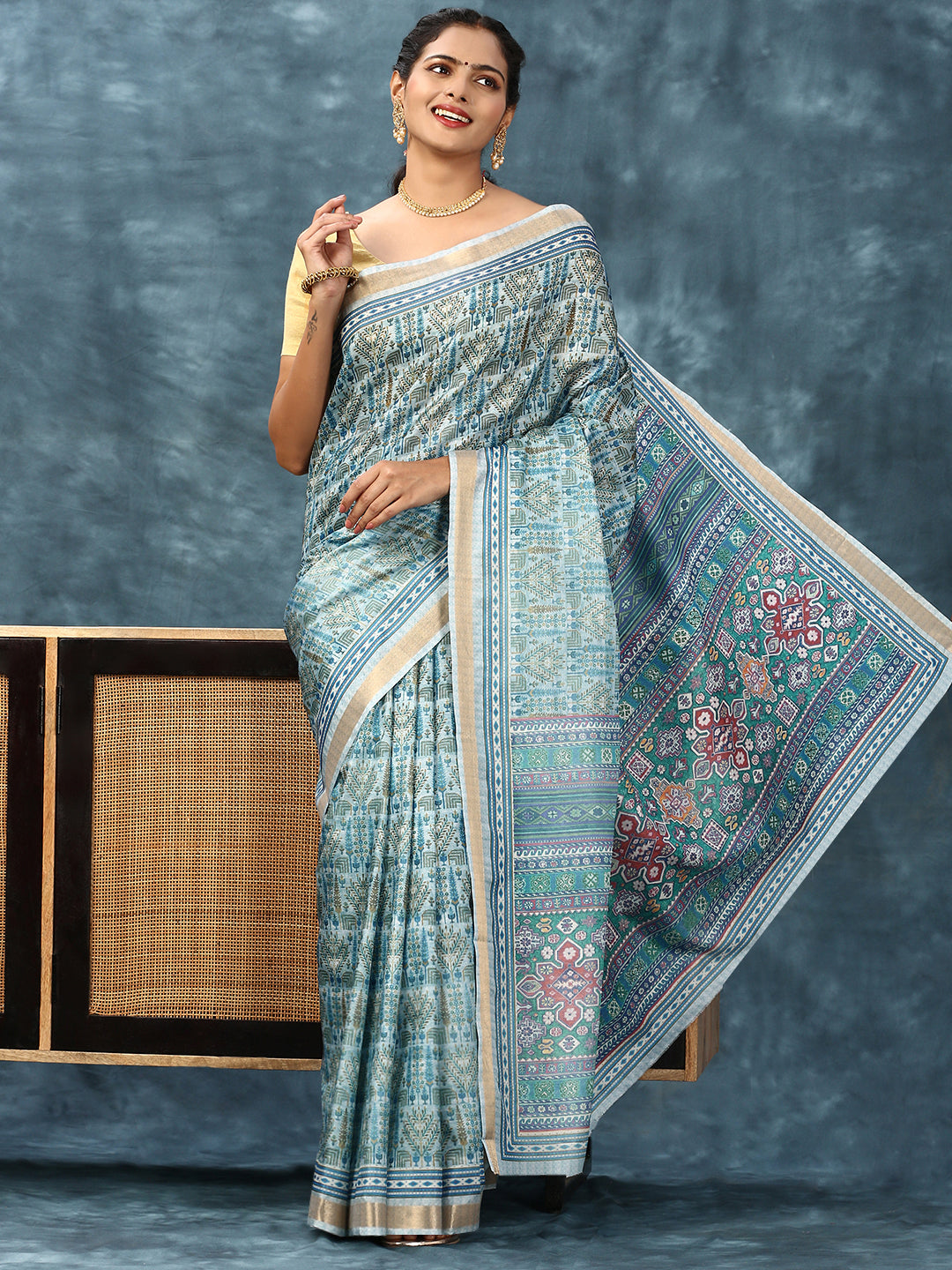 Women Semi Silk Print Saree Blue SS185