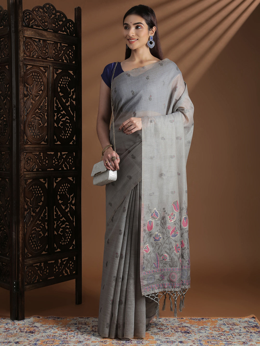 Women Grey Cotton Weaving Saree PCS251