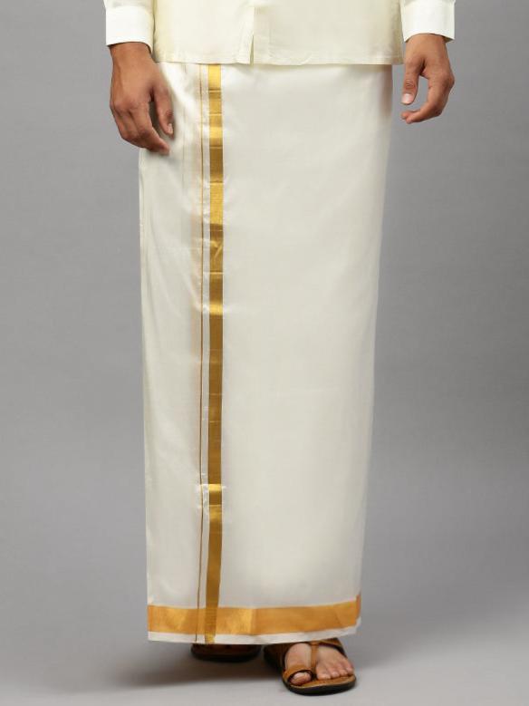 Mens Silk Cream Double Dhoti 1" Gold Jari Border Suba Vivaga