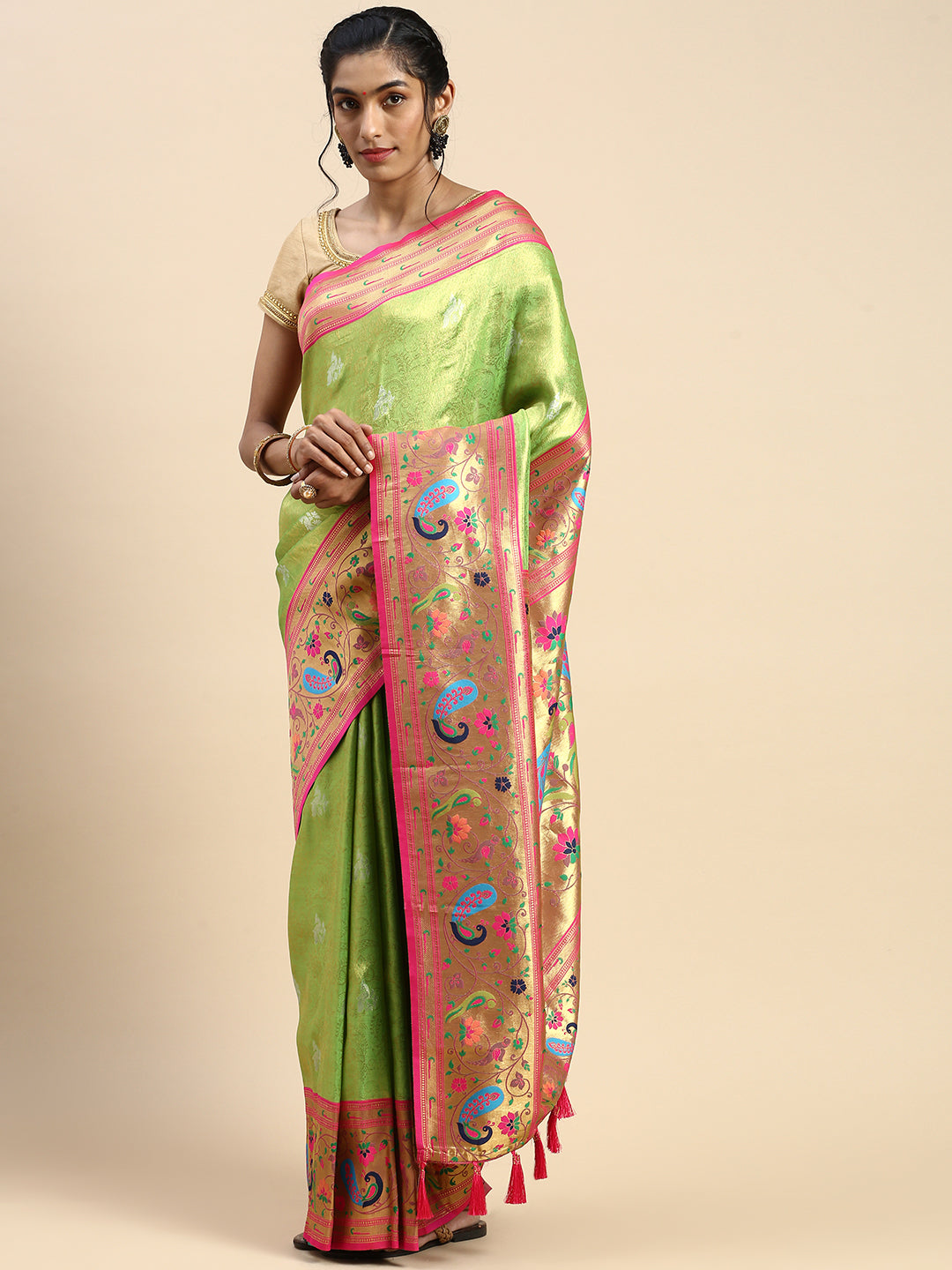 Womens Semi Silk All Over Designed Green & Pink Saree ASP05