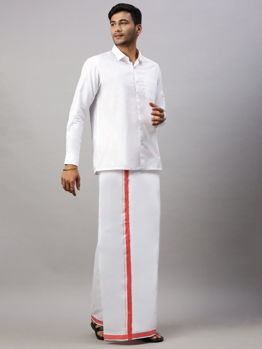 Mens Elegant Look Cotton Single Dhoti with Pink Fancy Border