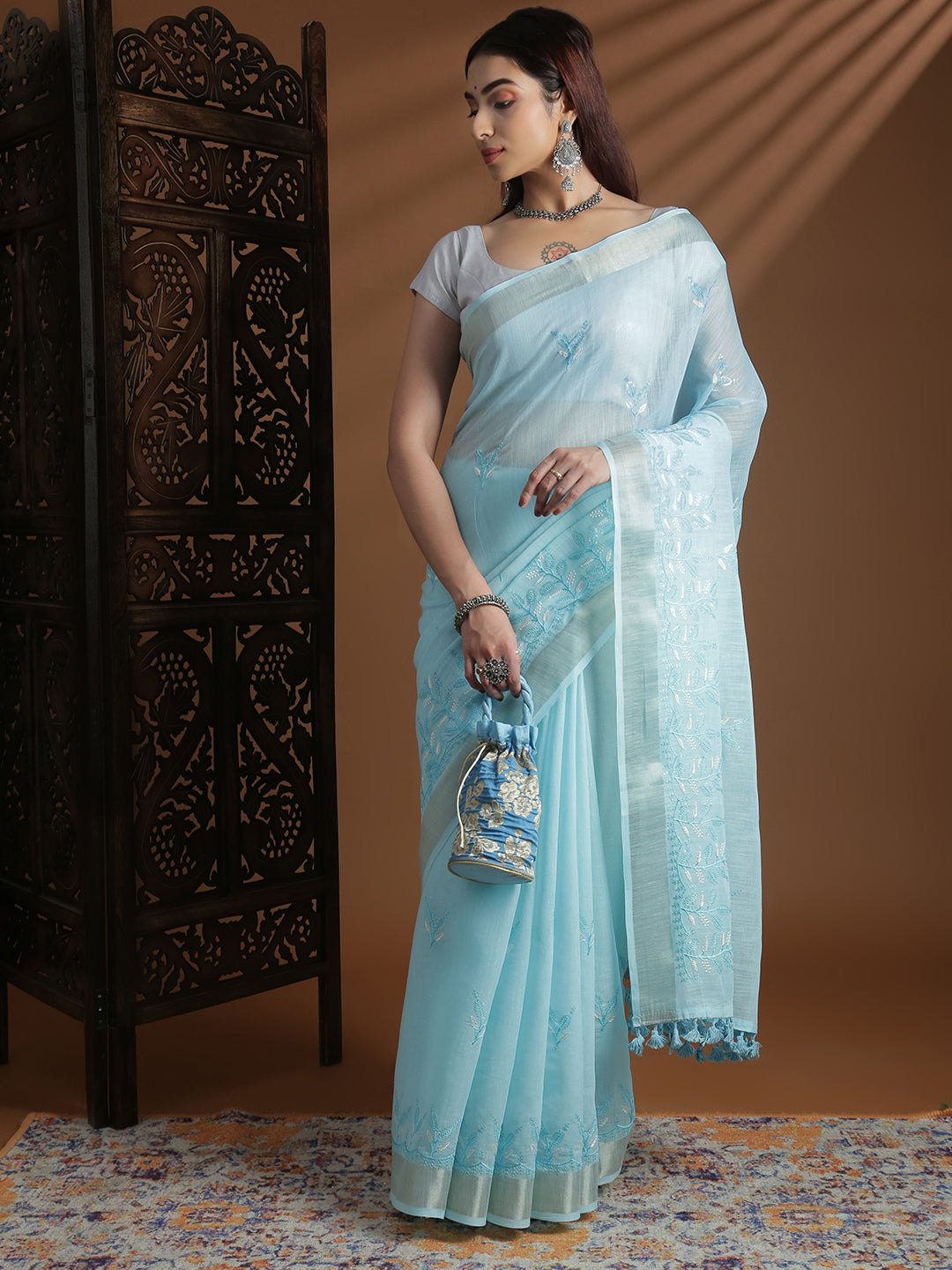 Women Light Blue Semi Linen Embroidered Saree SL246