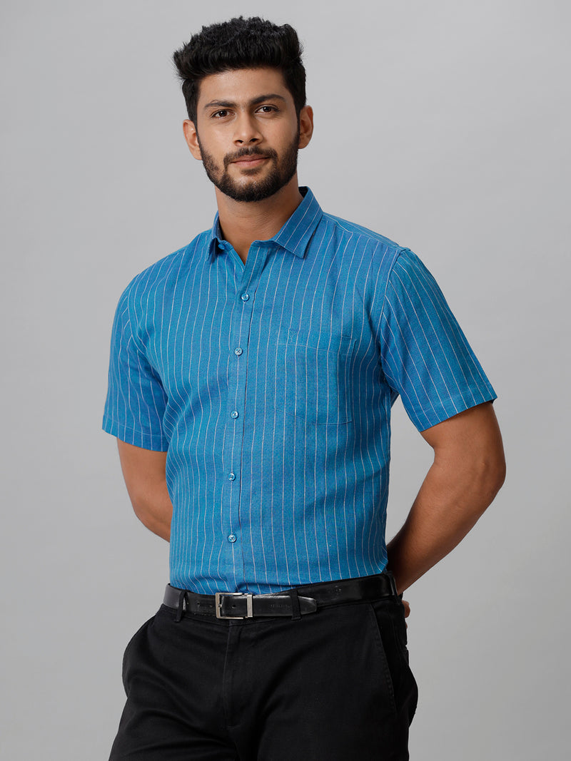 Mens Pure Linen Striped Half Sleeves Blue Shirt LS11
