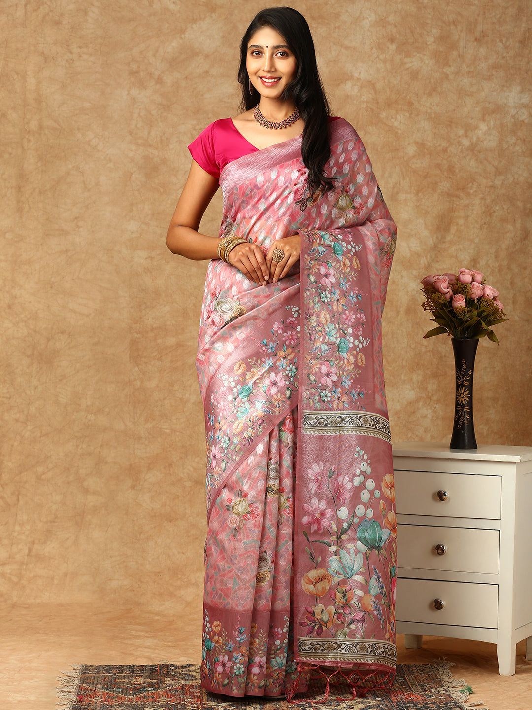 Women Tissue Printed Semi Silk Saree Pink SS315