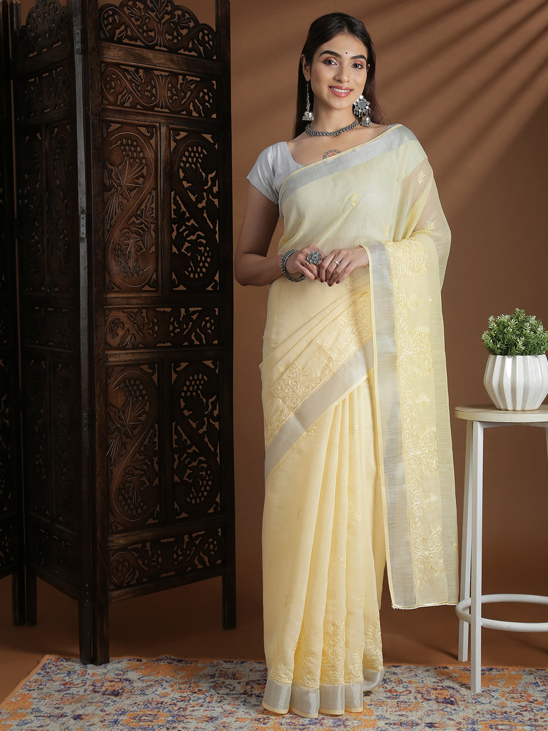 Women Yellow Semi Linen Embroidered Saree SL242