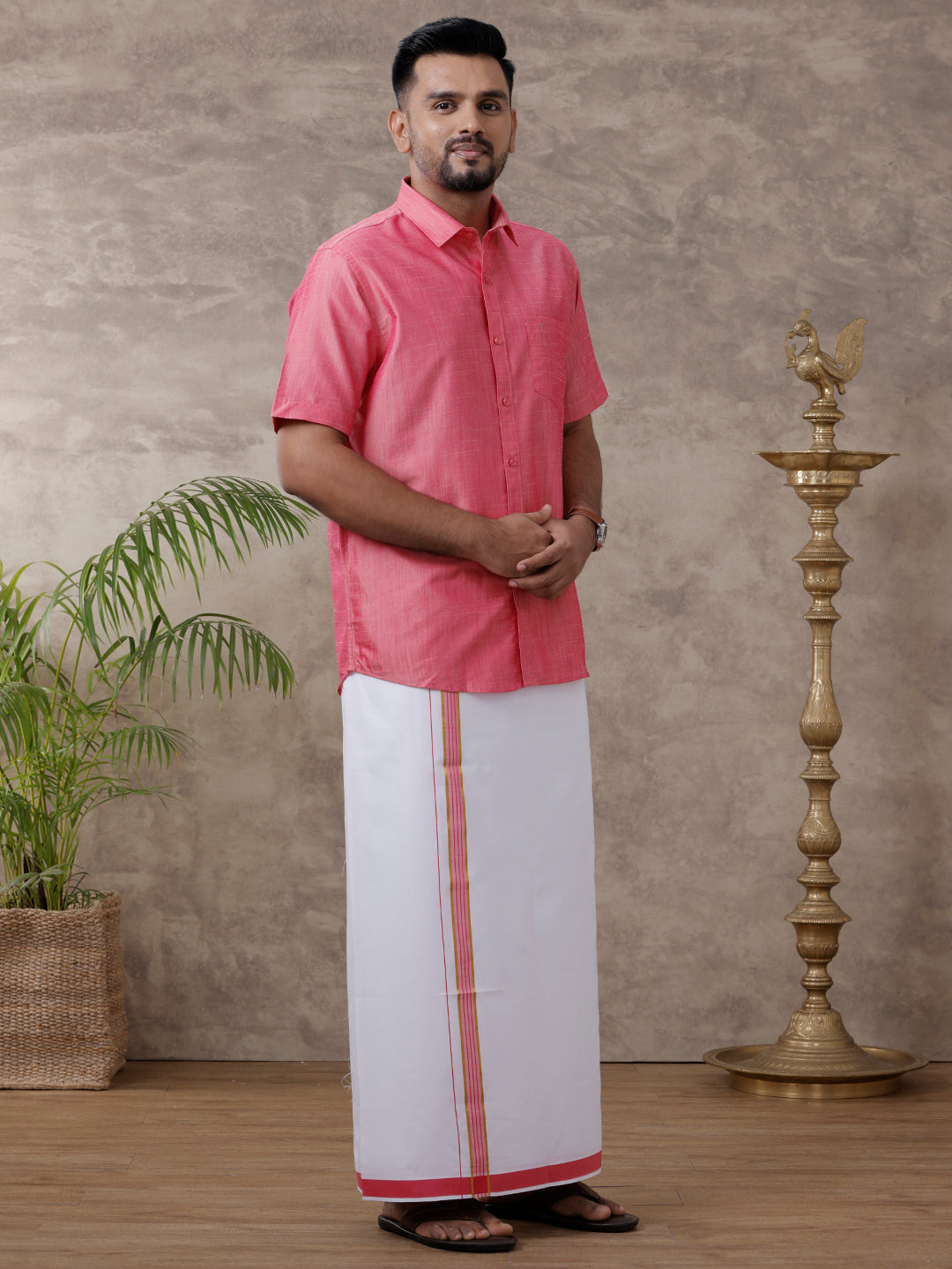 Mens Matching Jari Border Dhoti & Shirt Set Half Pink VB3