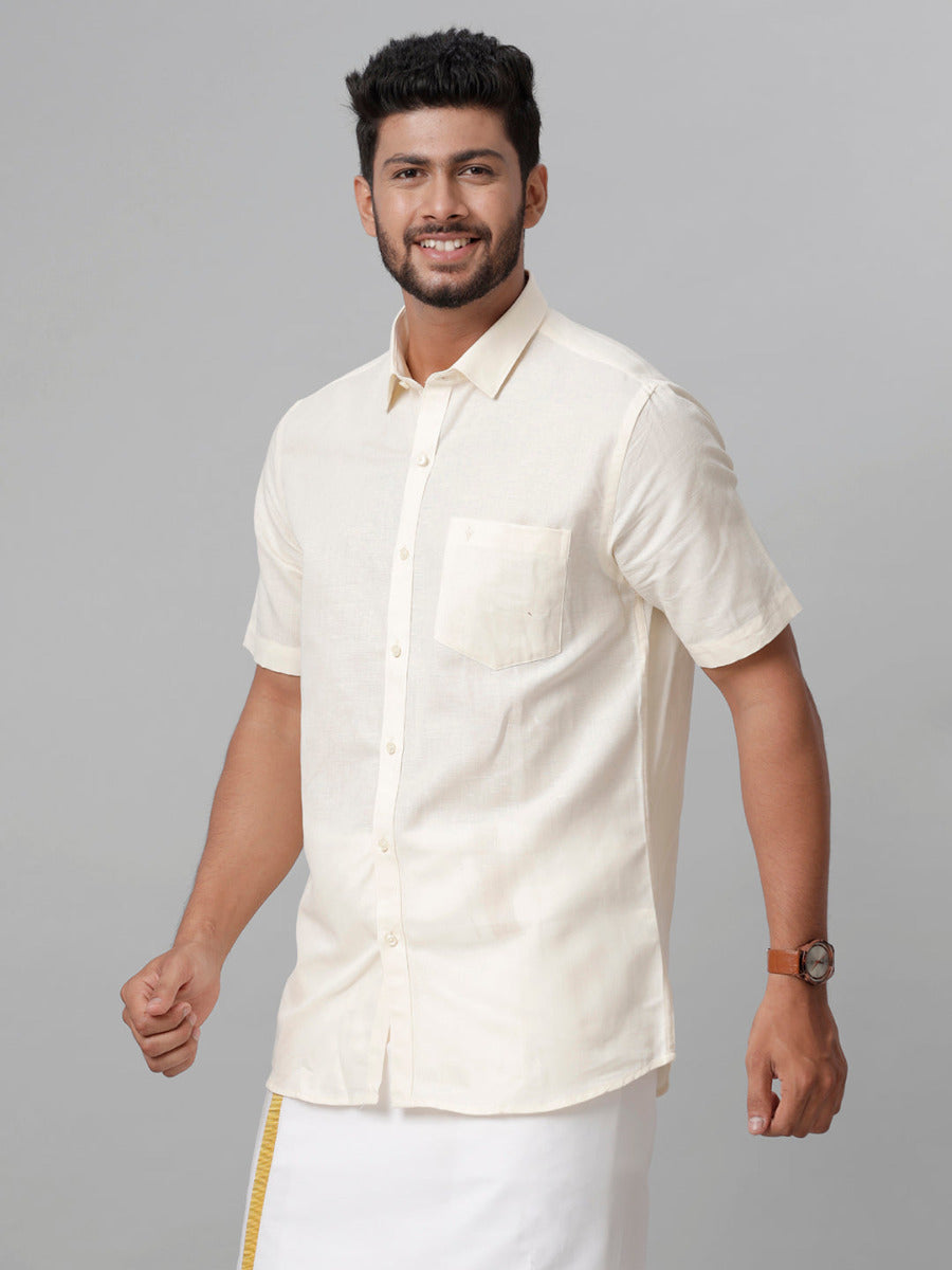 Mens Linen Cotton Formal Cream Half Sleeves Shirt LF12-Side view