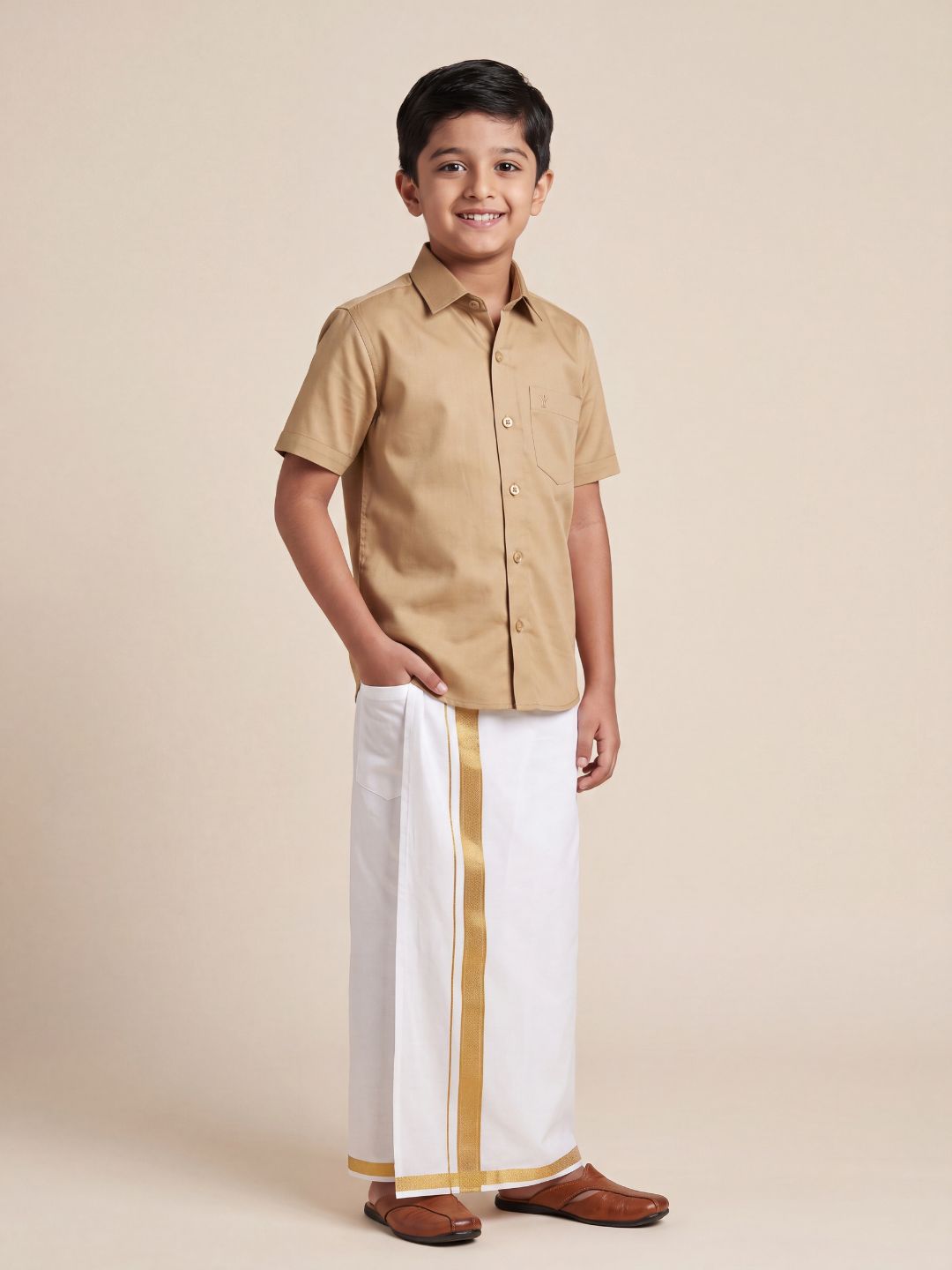 Boys 100% Cotton Brown Shirt and Fancy Border Dhoti Set BT1